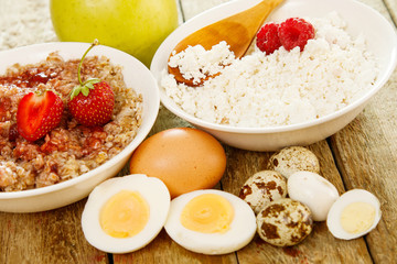 Healthy breakfast on wooden table