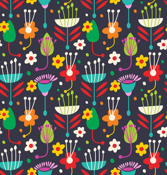 Scandinavian Seamless Floral Pattern. Decorative Background With Geometric Flowers And Leaves