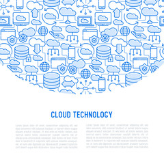 Cloud computing technology concept with thin line icons related to hosting, server storage, cloud management, data security, mobile and desktop memory. Vector illustration.