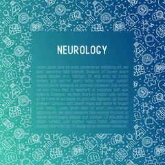 Neurology concept with thin line icons: brain, neuron, neural connections, neurologist, magnifier. Vector illustration for background of medical survey or report with place for text.