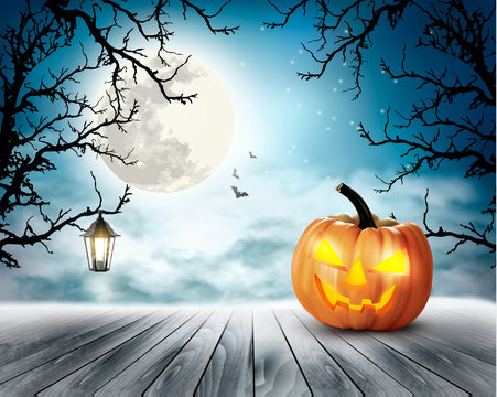 Scary Halloween background with pumpkin and moon. Vector.