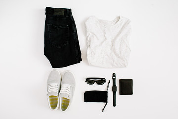 Male trendy fashion clothes and accessories collage on white background. Flat lay, top view.