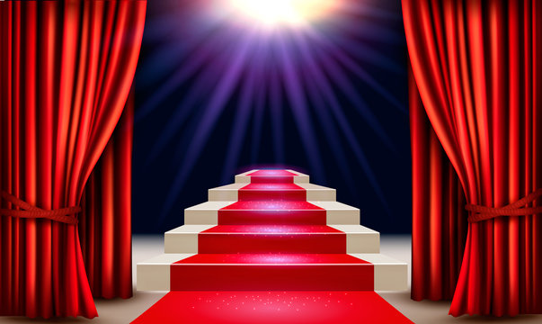 Showroom with red carpet leading to a podium with curtains. Vector