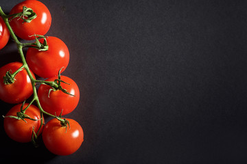 Branch of red organic tomatoes on a black background.