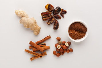 Healthy food background, top view, copy space