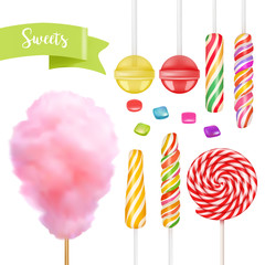 Candy set. Swirl caramel, cotton candy, sweet lollipop. 3d vector icon