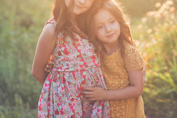 two little girls in beautiful cocktail dresses walking in an autumn park. the concept of humane education and family values