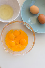 raw eggs without shell in a plate. bright yolk of chicken eggs