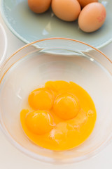raw eggs without shell in a plate. bright yolk of chicken eggs