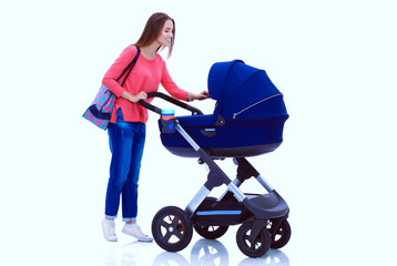 Full length portrait of a mother with a stroller, isolated on white background. Young mom