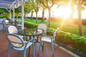 Summer restaurant on the Mediterranean coast on a beautiful sunset. Tekirova-Kemer