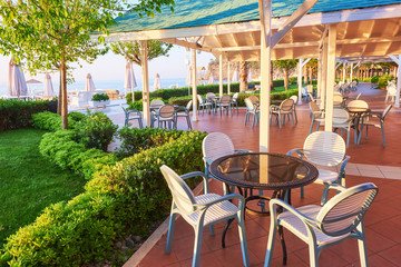 Summer restaurant on the Mediterranean coast on a beautiful sunset. Tekirova-Kemer
