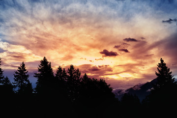 Fantastic sunset over the forest and mountains