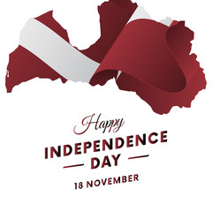 Banner or poster of Latvia independence day celebration. Latvia map. Waving flag. Vector illustration.