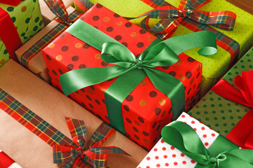 Xmas, new year and other holidays boxes. Crop, closeup