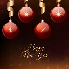 Happy New Year. Red christmas balls with ribbon hanging. Vector illustration.