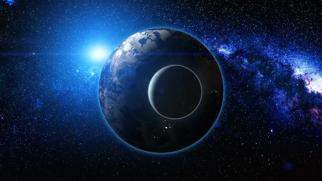 Sunrise view from space on Planet Earth and Moon. World rotating on its axis among stars. High detailed 4k 3D Render animation. Elements of this image furnished by NASA. Astronomy and science concept.