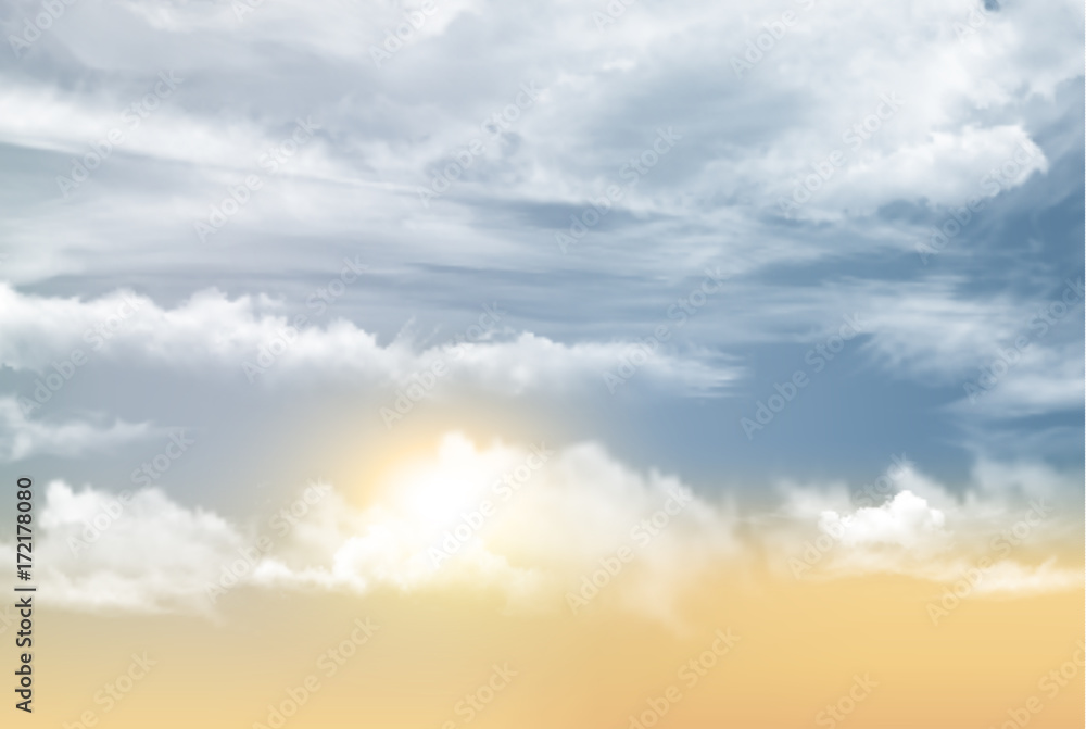 Poster sunset sky background with transparent clouds. vector illustration