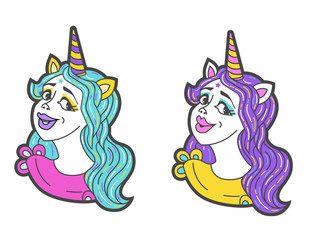 Girl unicorn vector head with mane and horn. Unicorn sticker isolated on white. Portrait girl unicorn sticker, patch badge. Cute magic cartoon fantasy animal. Rainbow hair. Design for children