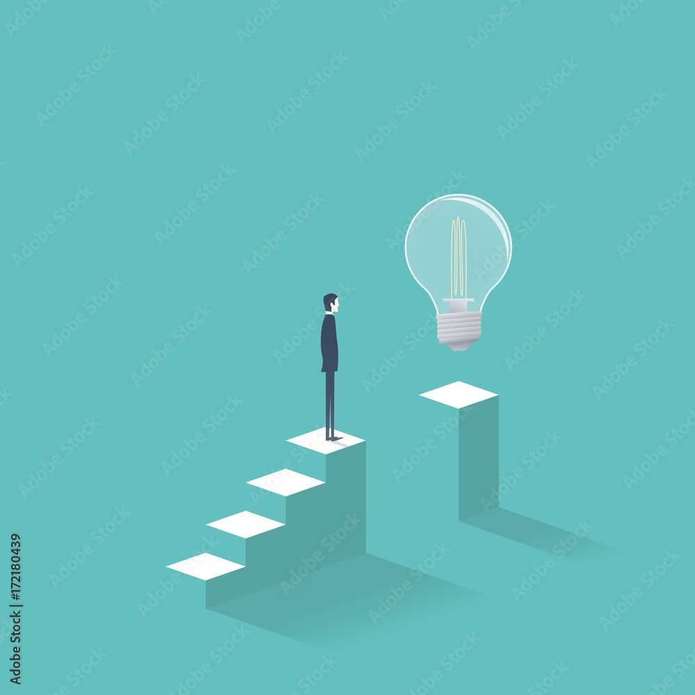 Poster business creativity and finding solution vector concept with businessman standing on steps trying to
