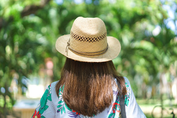 Hipster young woman tourist is visiting at nature outdoors. concept of traveller and travel advertising.