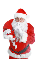 Real Santa Claus carrying big bag full of gifts, isolated on white background