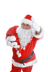 Real Santa Claus carrying big bag full of gifts, isolated on white background