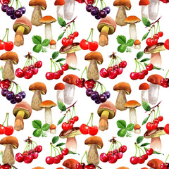 Mushrooms healthy food pattern in a watercolor style. Full name of the vegetable: mushrooms. Aquarelle wild vegetable for background, texture, wrapper pattern or menu.