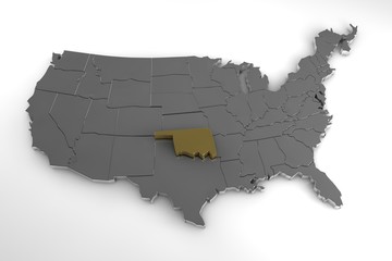 United States of America, 3d metallic map, with Oklahoma state highlighted. 3d render