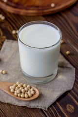 Soy milk with soy beans around it.
