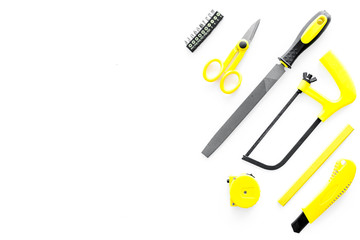 constructor desk with set of building implements white desk background top view mock up