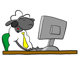 Office sheep talking on headset