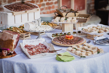 Buffet on white tablecloth