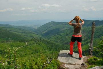 Fototapeta na wymiar Hikings along tourist trails in the mountains Beskid in Poland 
