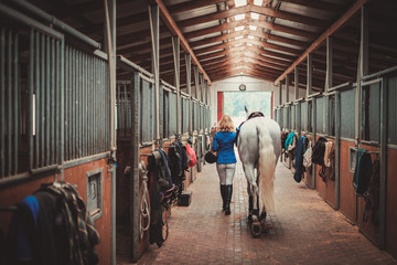Middle-aged woman with her horse in a stall