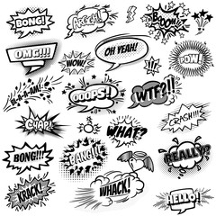 Set of vector black and white comic speech bubbles with exclamations