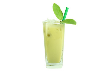 Green smoothies, green guava juice with ice and guava leaf, green straw isolated on white background