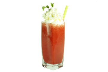 Watermelon, strawberry smoothies, red juice with whip cream, leaf ans straw isolated on white background