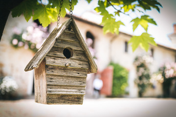 Wooden birdhouse hanging from a tree