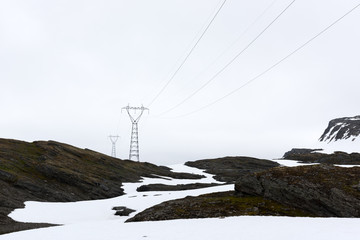 Typical norwegian landscape with snowy mountains