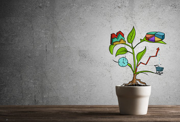 Drawn income tree in white pot for business investment savings and making money