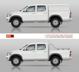 Pickup truck vector mock up for car branding and advertising. Pick up cars template. Elements of corporate identity. All layers and groups well organized for easy editing and recolor. - obrazy, fototapety, plakaty