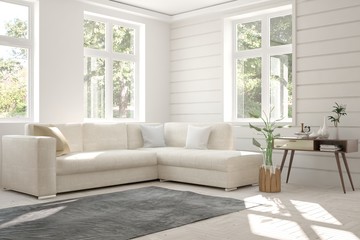 Idea of white room with sofa and summer landscape in window. Scandinavian interior design. 3D illustration