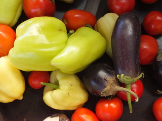 Set of vegetables on dark background.Paprika, eggplants & tomatos