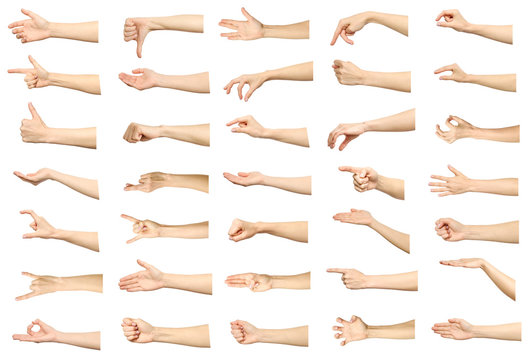 Multiple images set of female caucasian hand gestures isolated