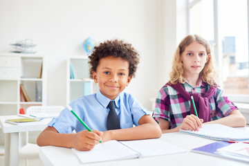 Adorable boys sitting by desk at lesson and carrying out task