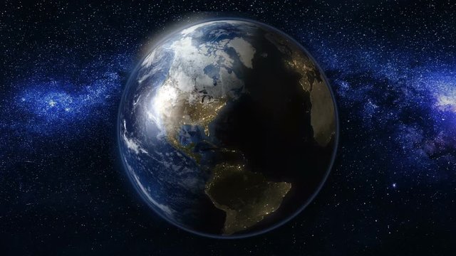 Planet Earth rotate, spinning on its axis in black and blue Universe of stars. Seamless loop with day and night city lights changes. High detail 4k. 3D Render. Elements of this image furnished by NASA