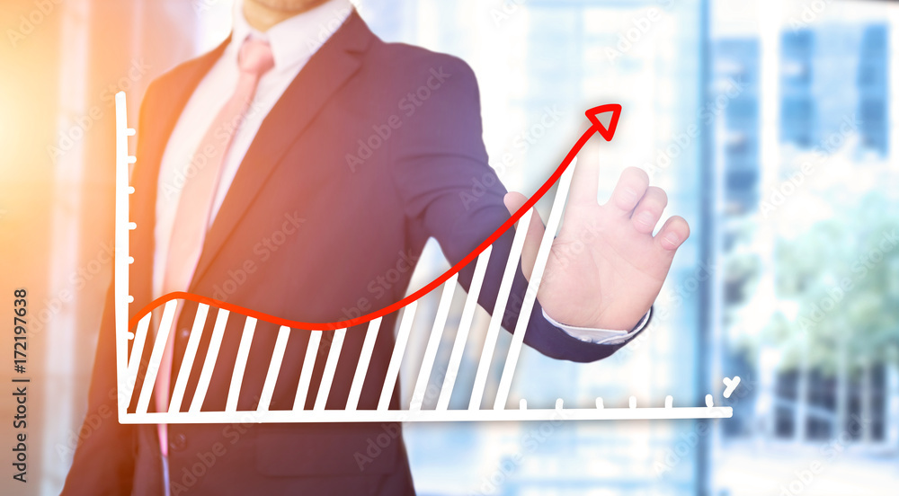Poster businessman touching technology interface with financial curve and graph