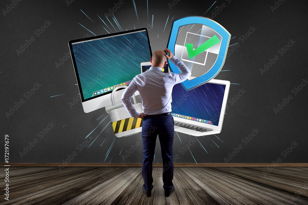 Aufkleber businessman in front of a wall with a shield symbol displayed on a futuristic interface - technology
