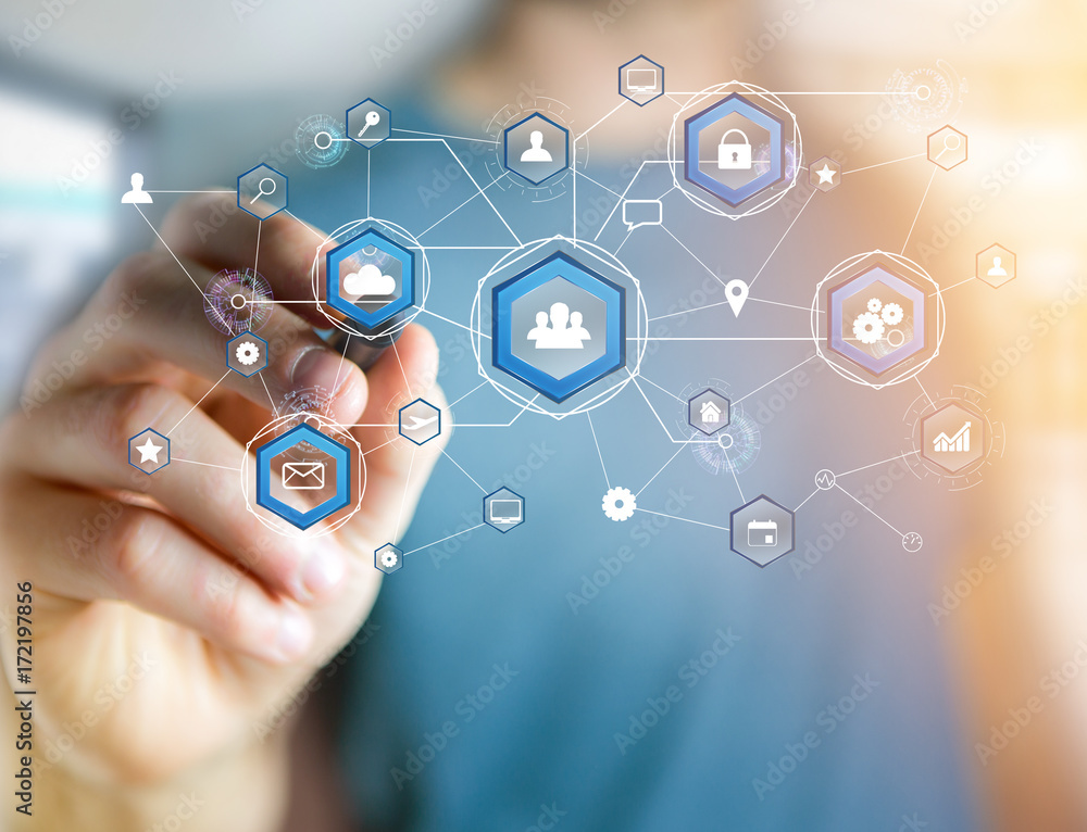Poster international business network connection displayed on a futuristic interface with technology icon a